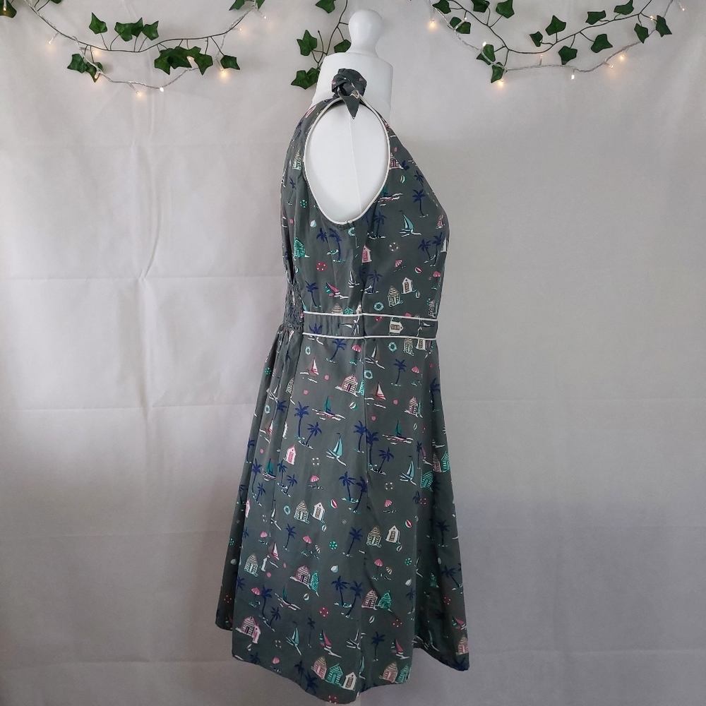 Debenhams Beach Hut Palm Print 100% Cotton Sleeveless Green Unique Dress Size 16 - Picture 4 of 11